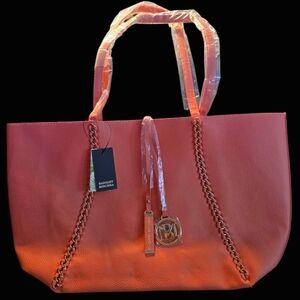 Badgley Mischka Coral Tote Bag With Gold Chain Accents NWT